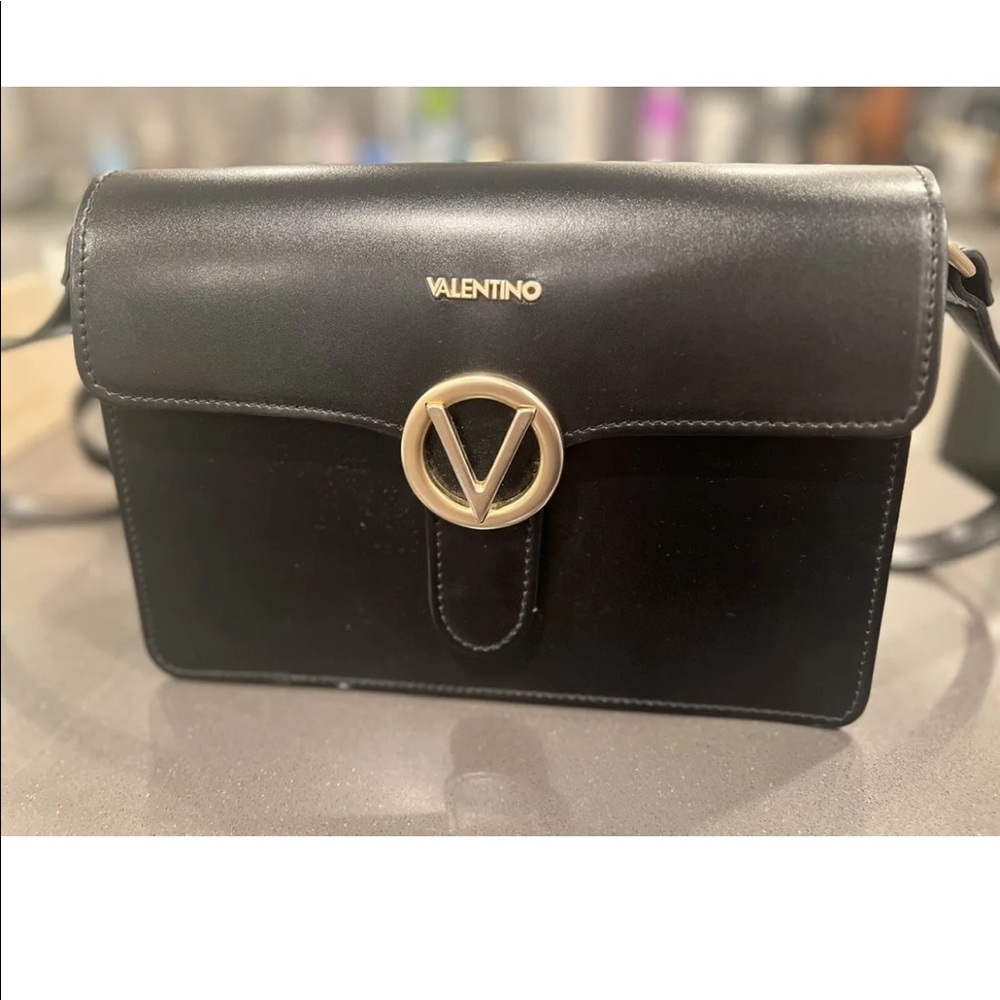 VALENTINO BY MARIO Black Leather Crossbody Bag Fold Over Medium Bag